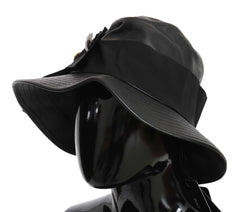 Dolce & Gabbana Black Leather DG Coin Crystal Wide Brim Hat - 56 cm|XS