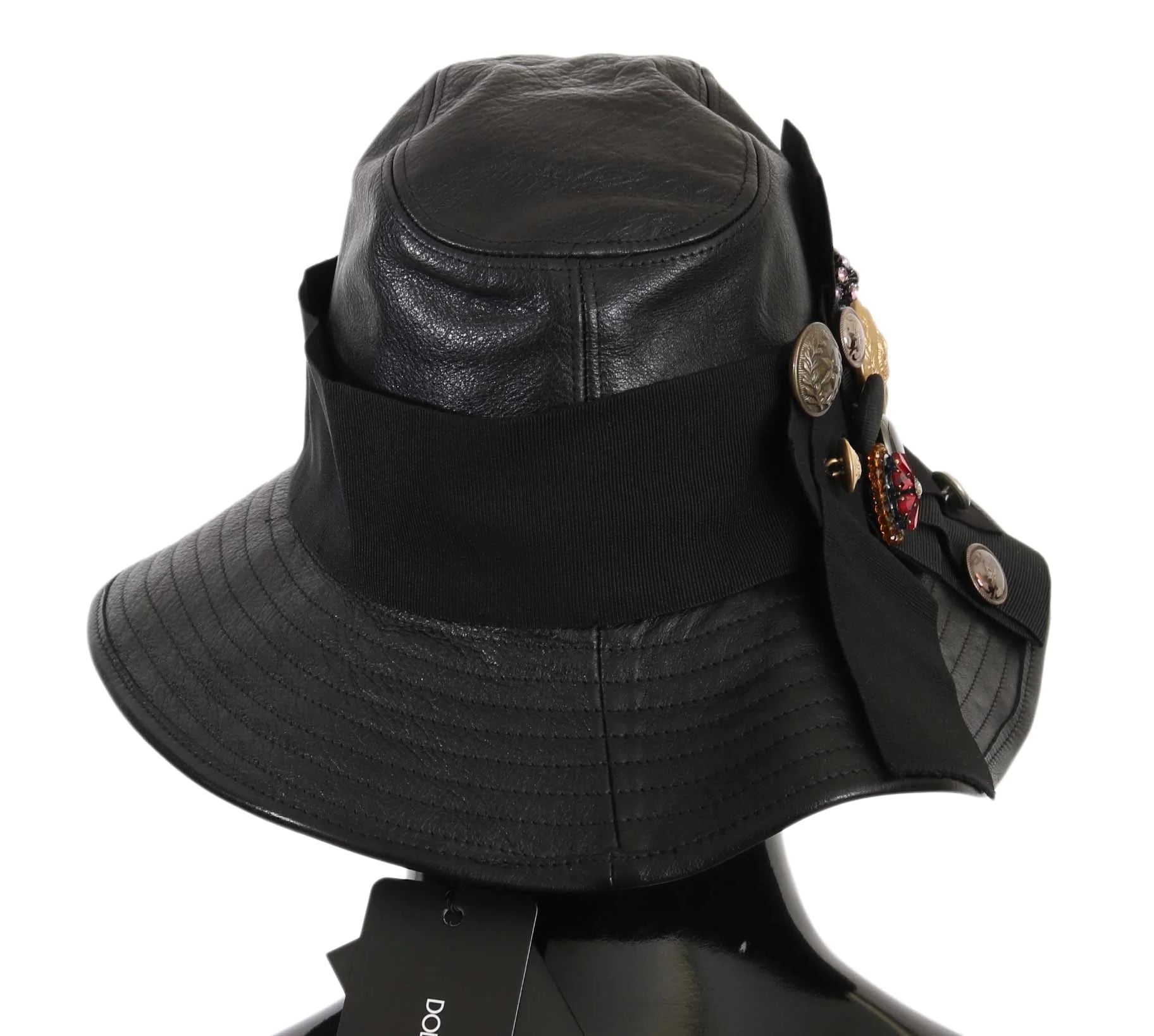 Dolce & Gabbana Black Leather DG Coin Crystal Wide Brim Hat - 56 cm|XS