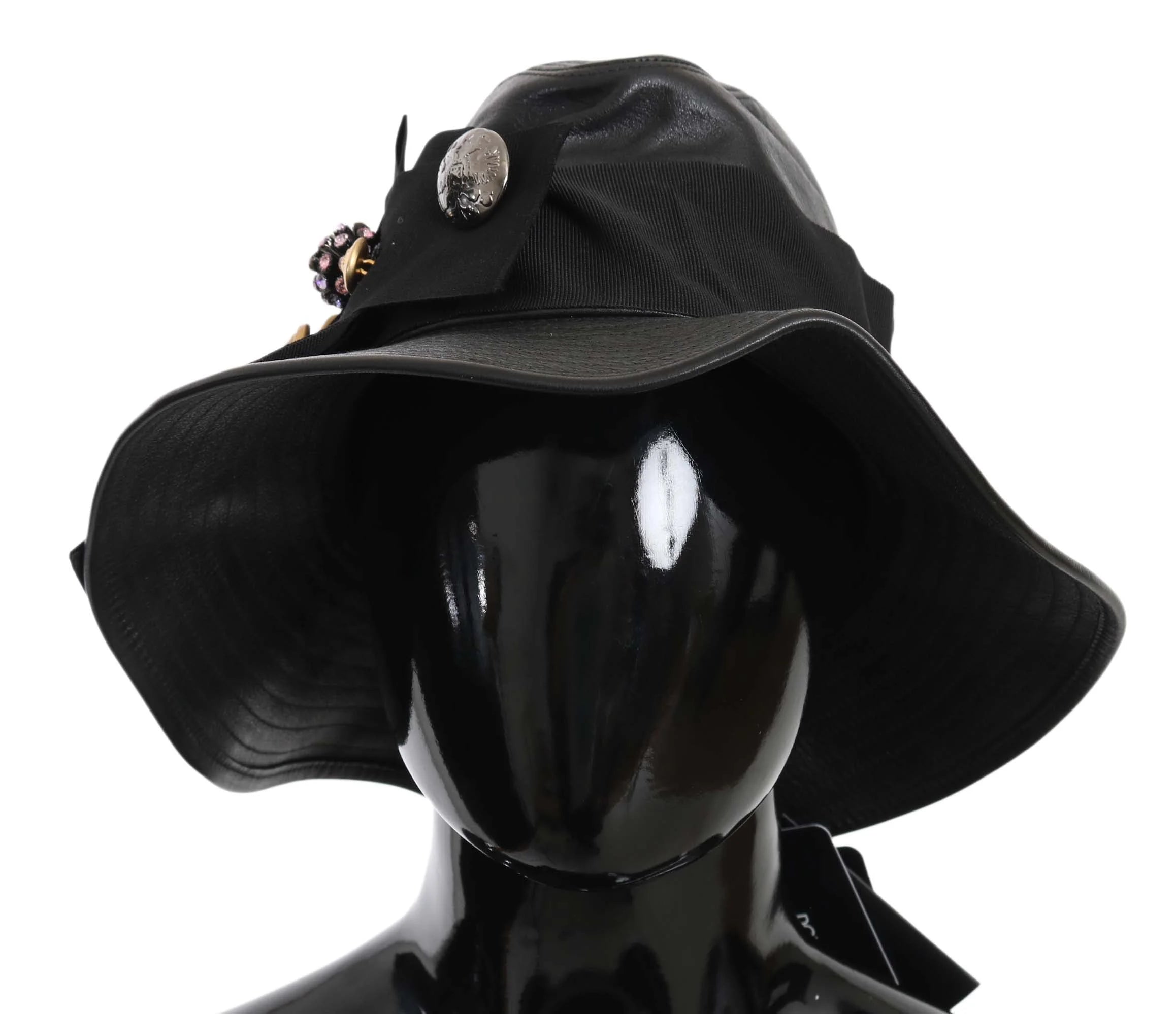 Dolce & Gabbana Black Leather DG Coin Crystal Wide Brim Hat - 56 cm|XS - Sun Hats