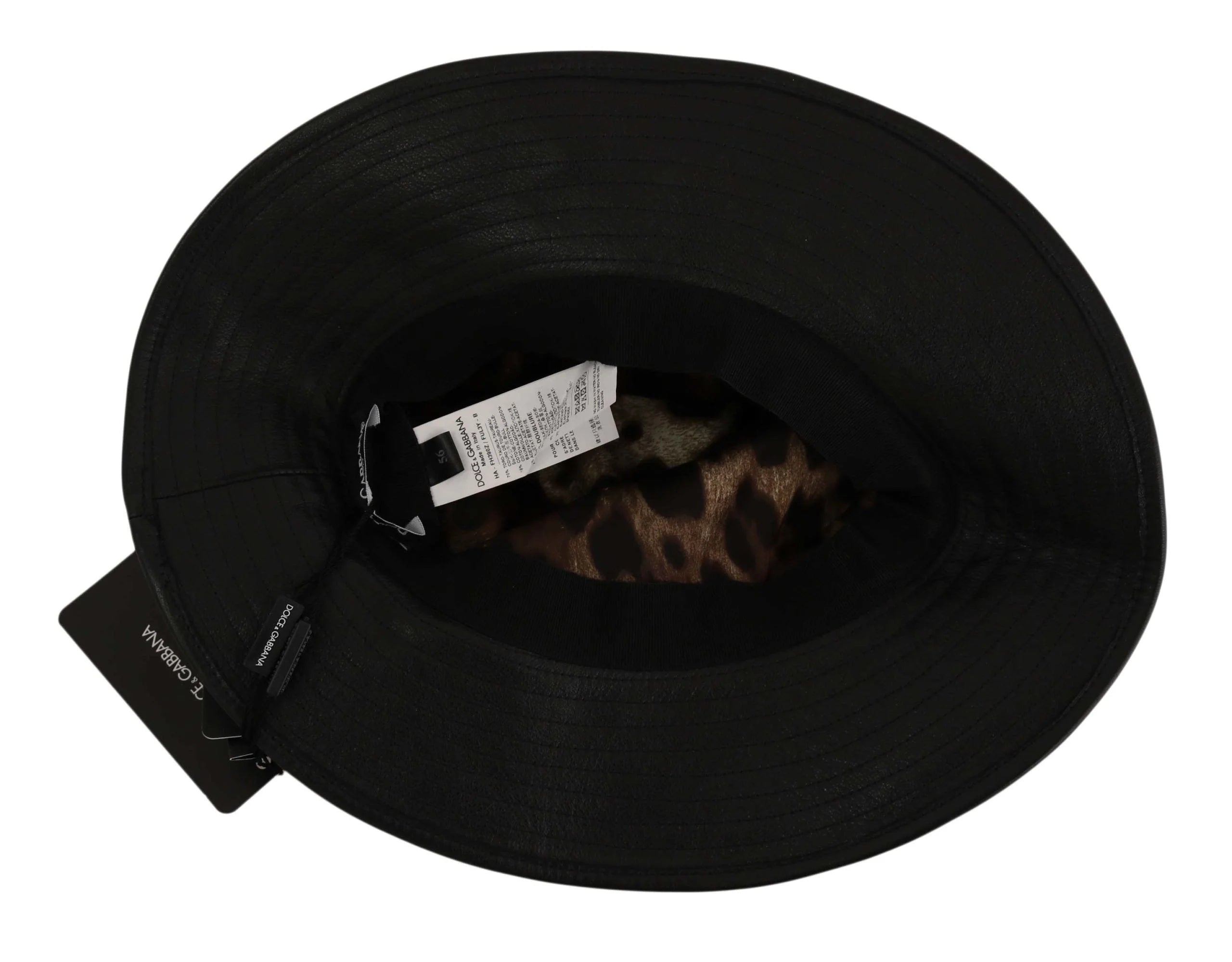Dolce & Gabbana Black Leather DG Coin Crystal Wide Brim Hat - 56 cm|XS