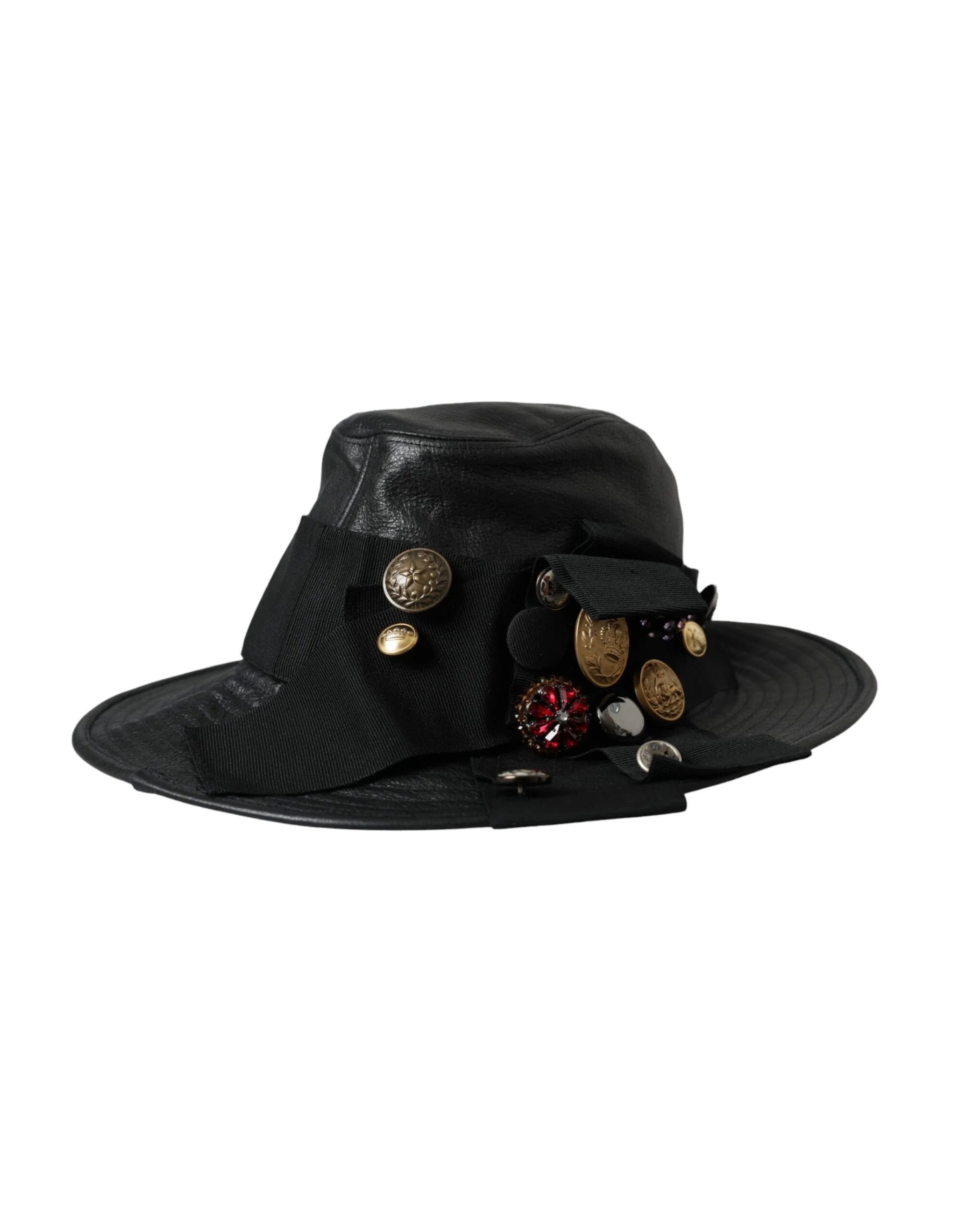 Dolce & Gabbana Black Leather DG Coin Crystal Wide Brim Hat - 57 cm|S