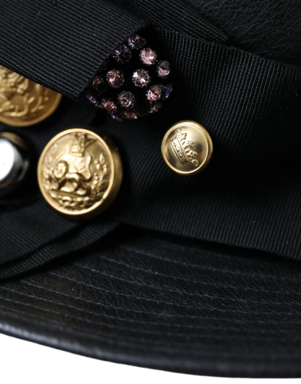 Dolce & Gabbana Black Leather DG Coin Crystal Wide Brim Hat - 57 cm|S - Hats