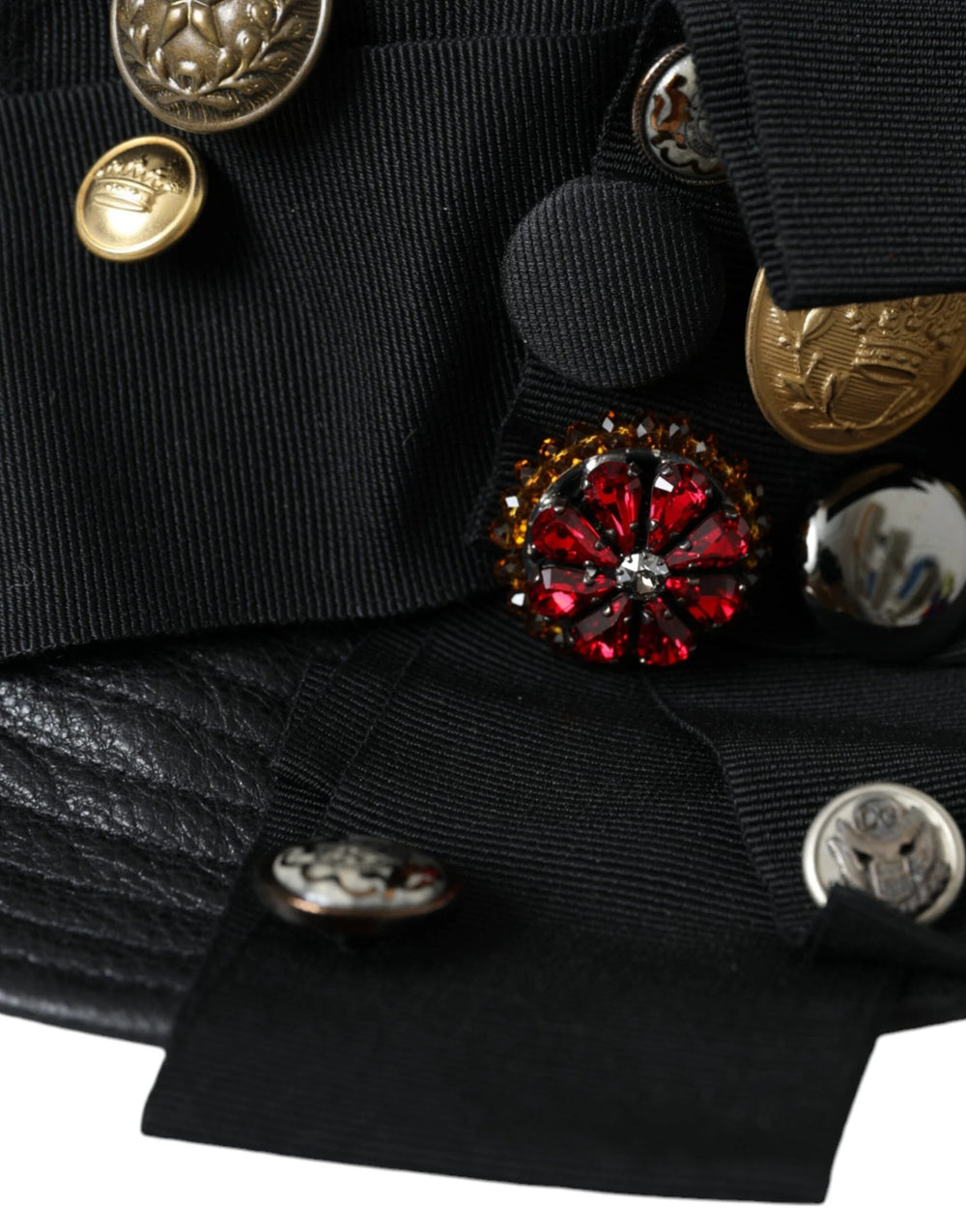 Dolce & Gabbana Black Leather DG Coin Crystal Wide Brim Hat - 57 cm|S - Hats