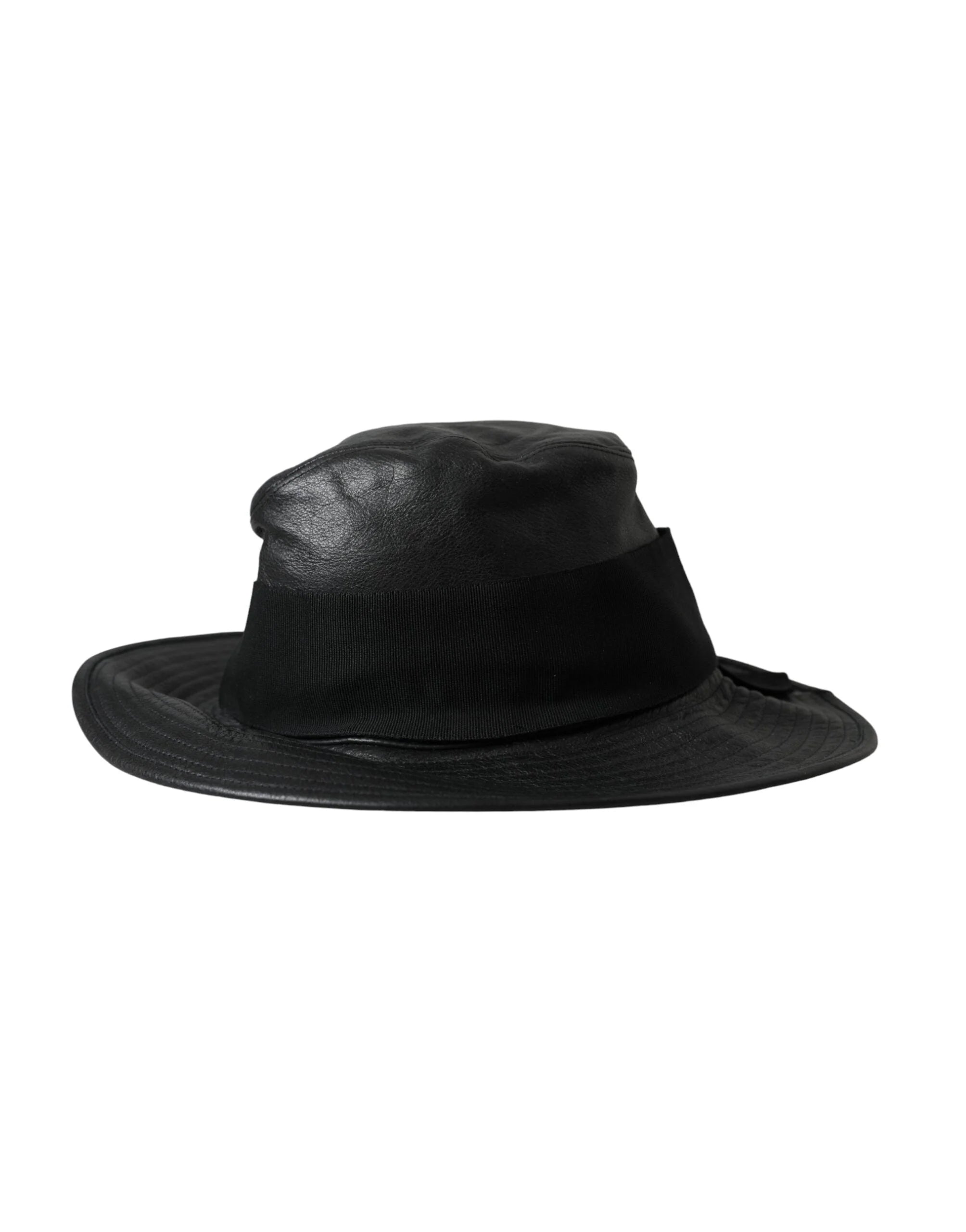 Dolce & Gabbana Black Leather DG Coin Crystal Wide Brim Hat - 57 cm|S