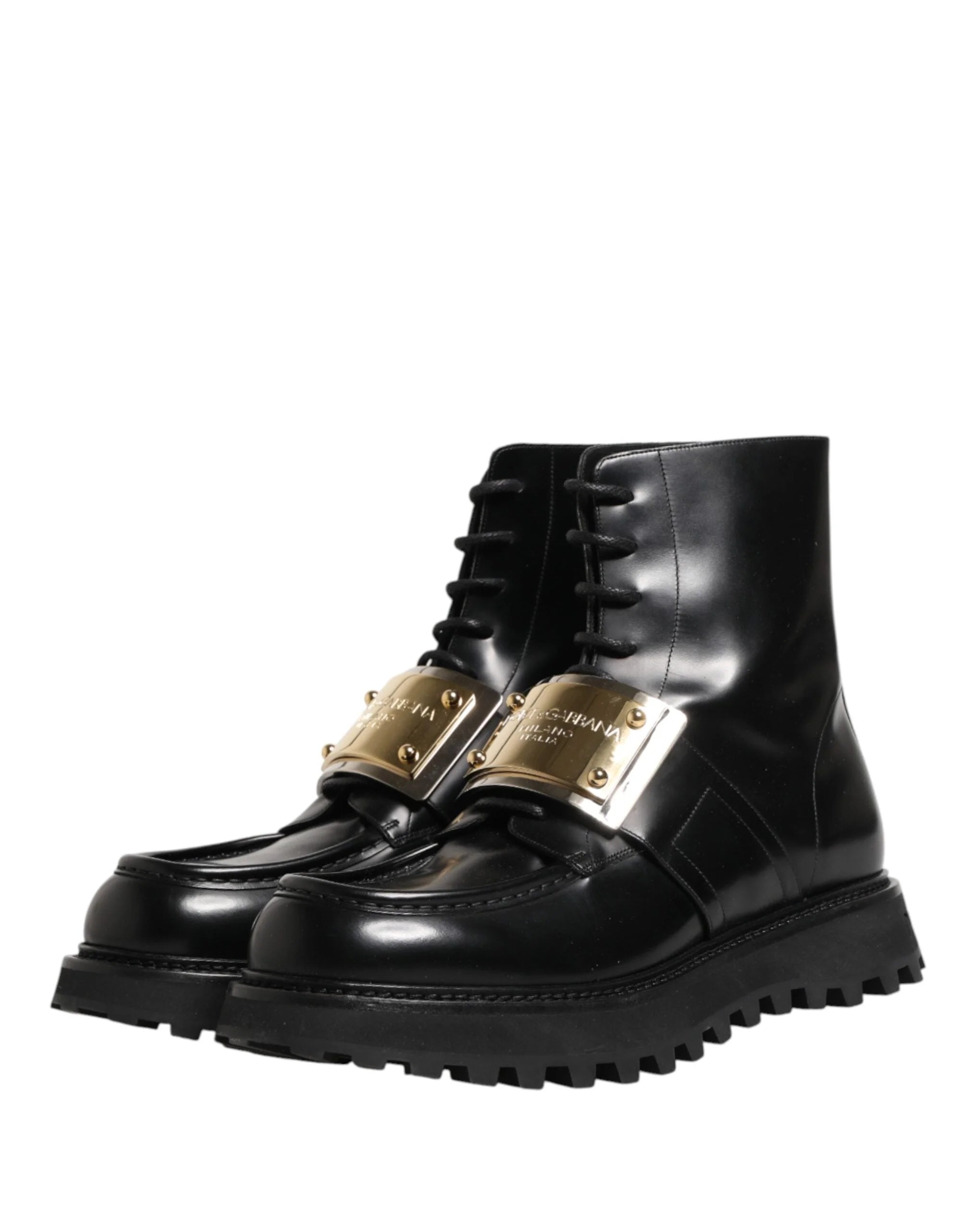 Dolce & Gabbana Svarta läderstövlar med DG-plakett - EU44/US11