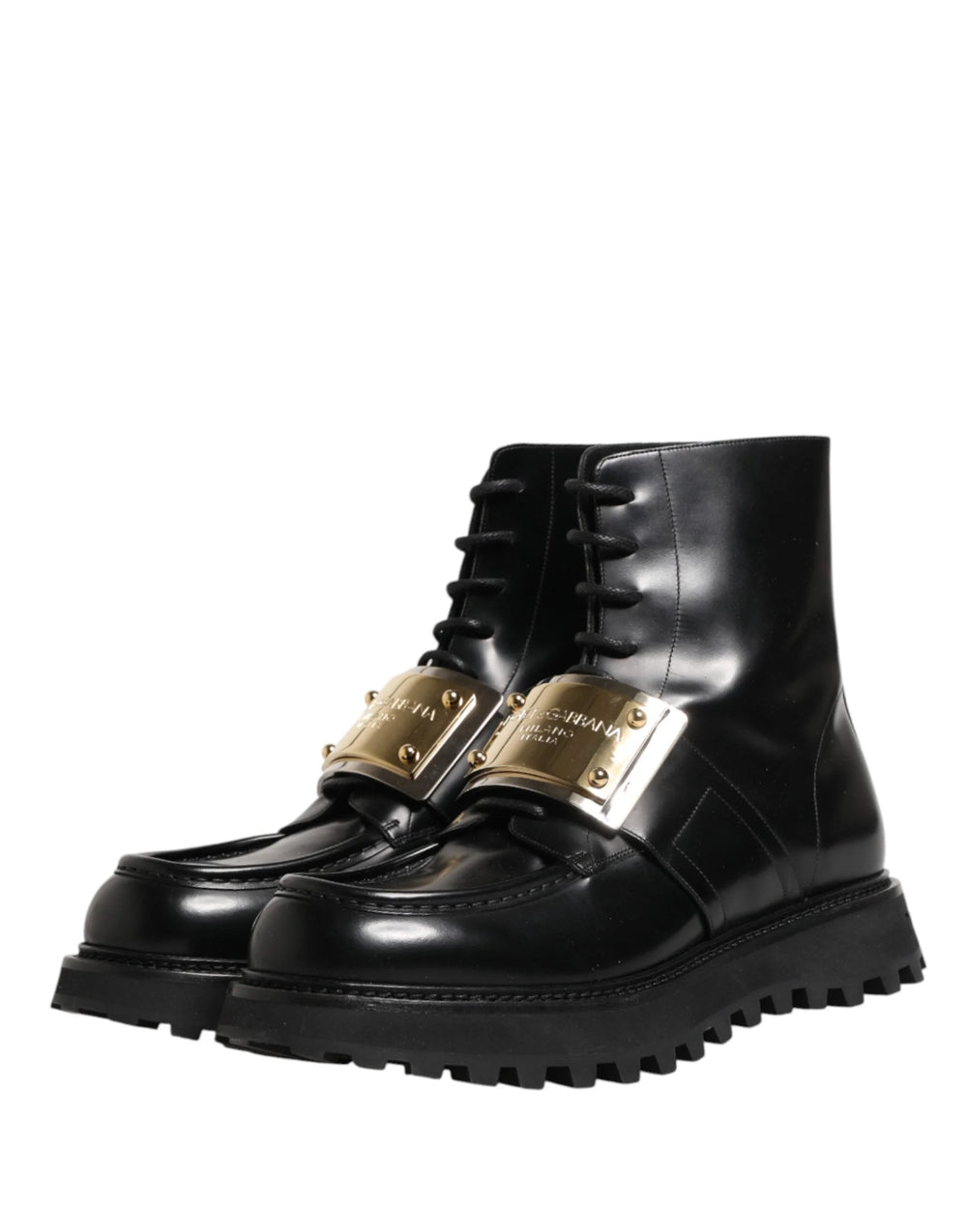 Dolce & Gabbana Svarta läderstövlar med DG-plakett - EU44/US11