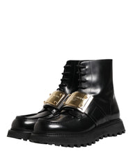 Dolce & Gabbana Svarta läderstövlar med DG-plakett - EU44/US11
