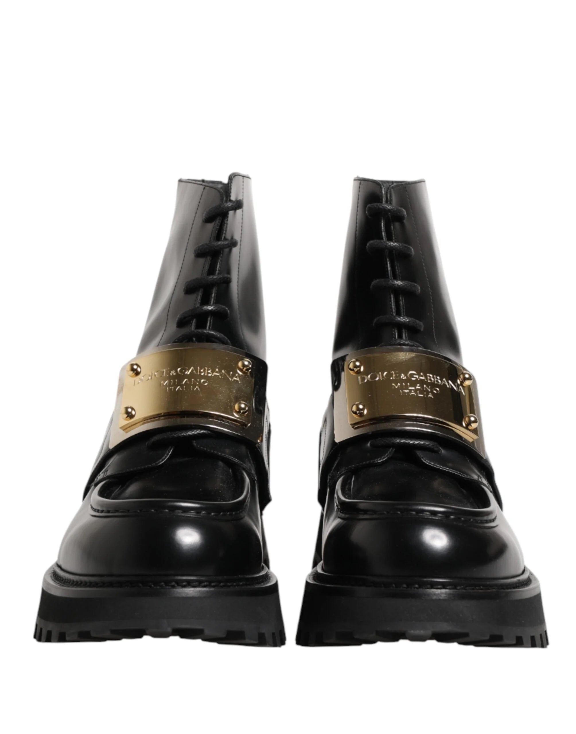 Dolce & Gabbana Svarta läderstövlar med DG-plakett - EU44/US11