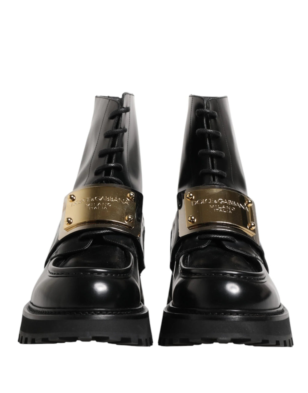 Dolce & Gabbana Svarta läderstövlar med DG-plakett - EU44/US11