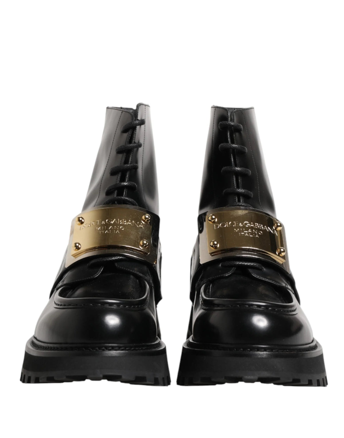 Dolce & Gabbana Svarta läderstövlar med DG-plakett - EU44/US11