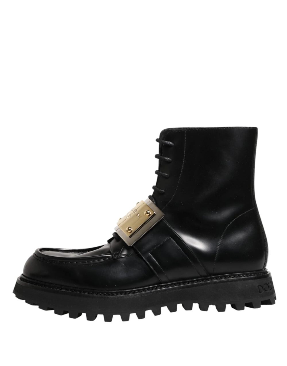Dolce & Gabbana svarta läderstövlar med DG-plakett och snörning - EU44/US11