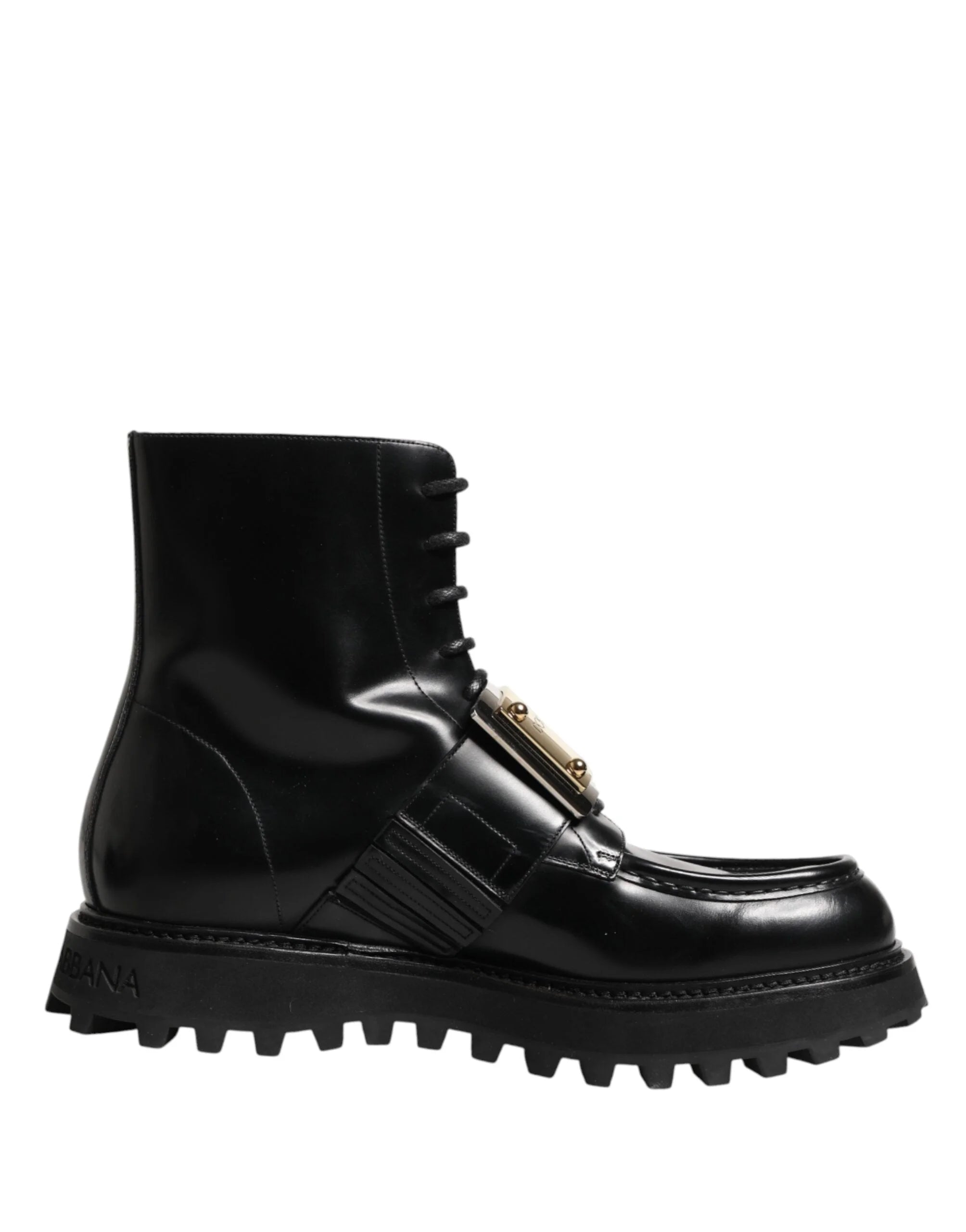 Dolce & Gabbana svarta läderstövlar med DG-plakett och snörning - EU44/US11