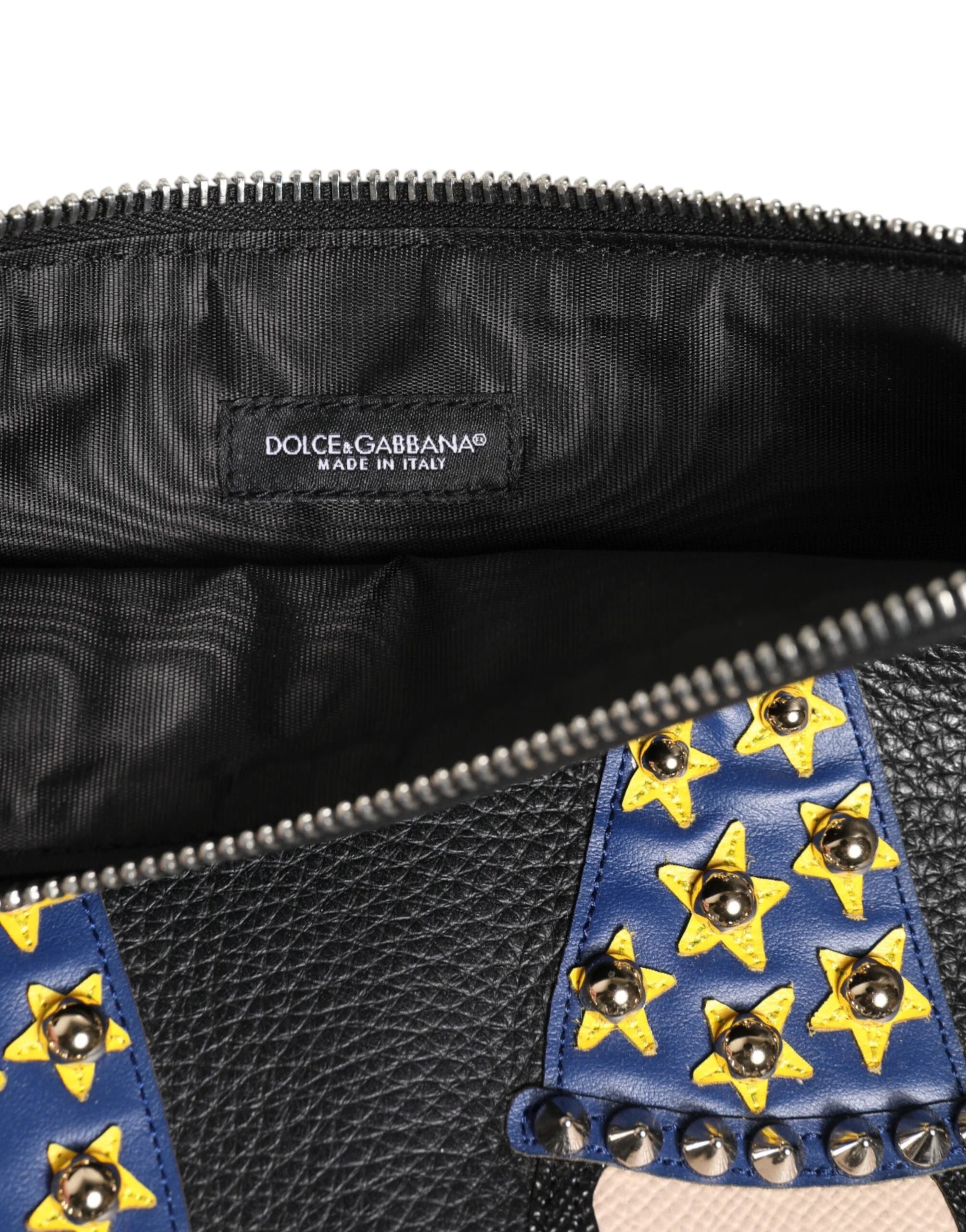 Dolce & Gabbana Black Leather #DGFAMILY Embellished Men Clutch Pouch Bag - Clutch Bags