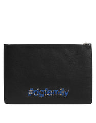 Dolce & Gabbana Black Leather #DGFAMILY Embellished Men Clutch Pouch Bag - Clutch Bags