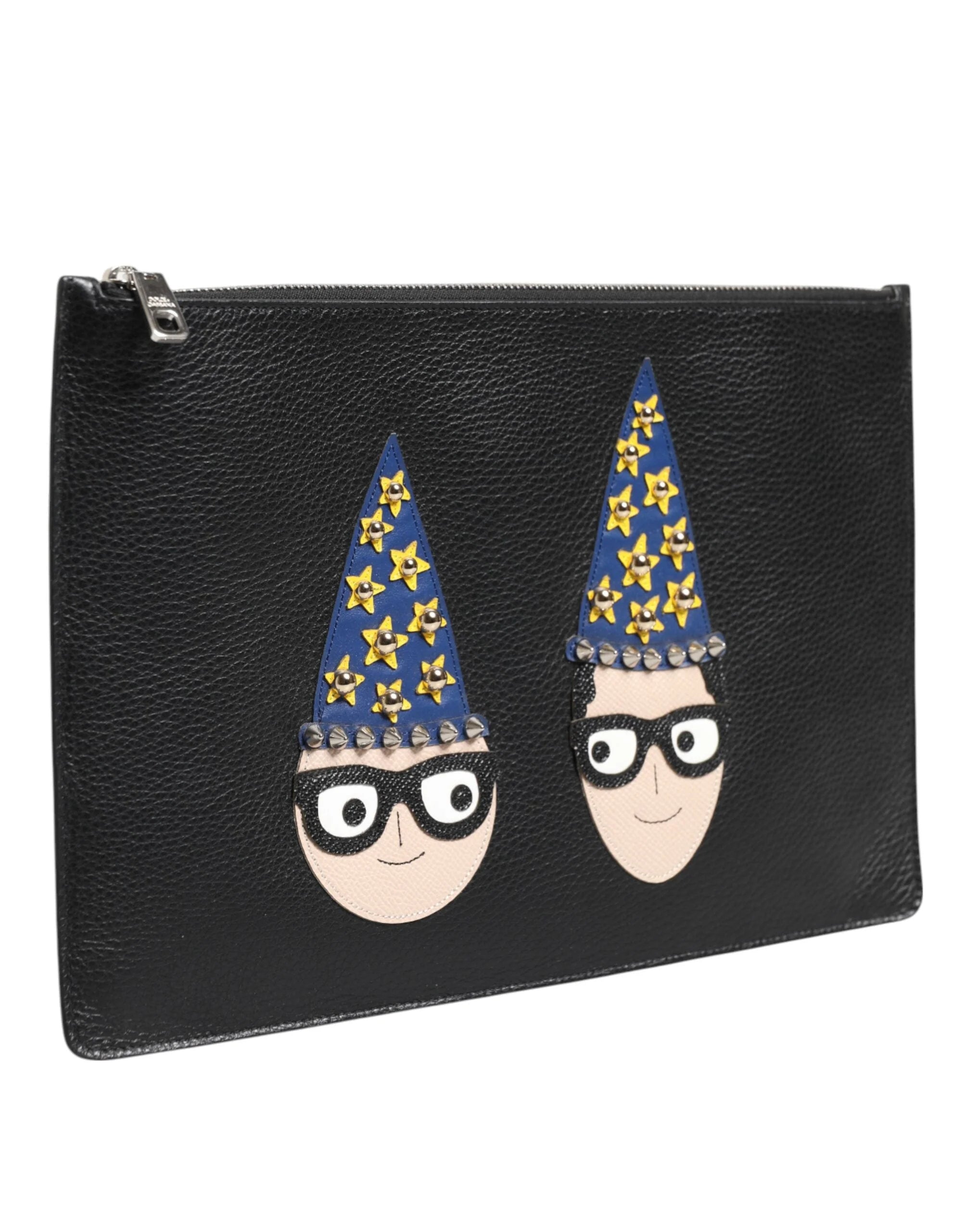 Dolce & Gabbana Black Leather #DGFAMILY Embellished Men Clutch Pouch Bag - Clutch Bags
