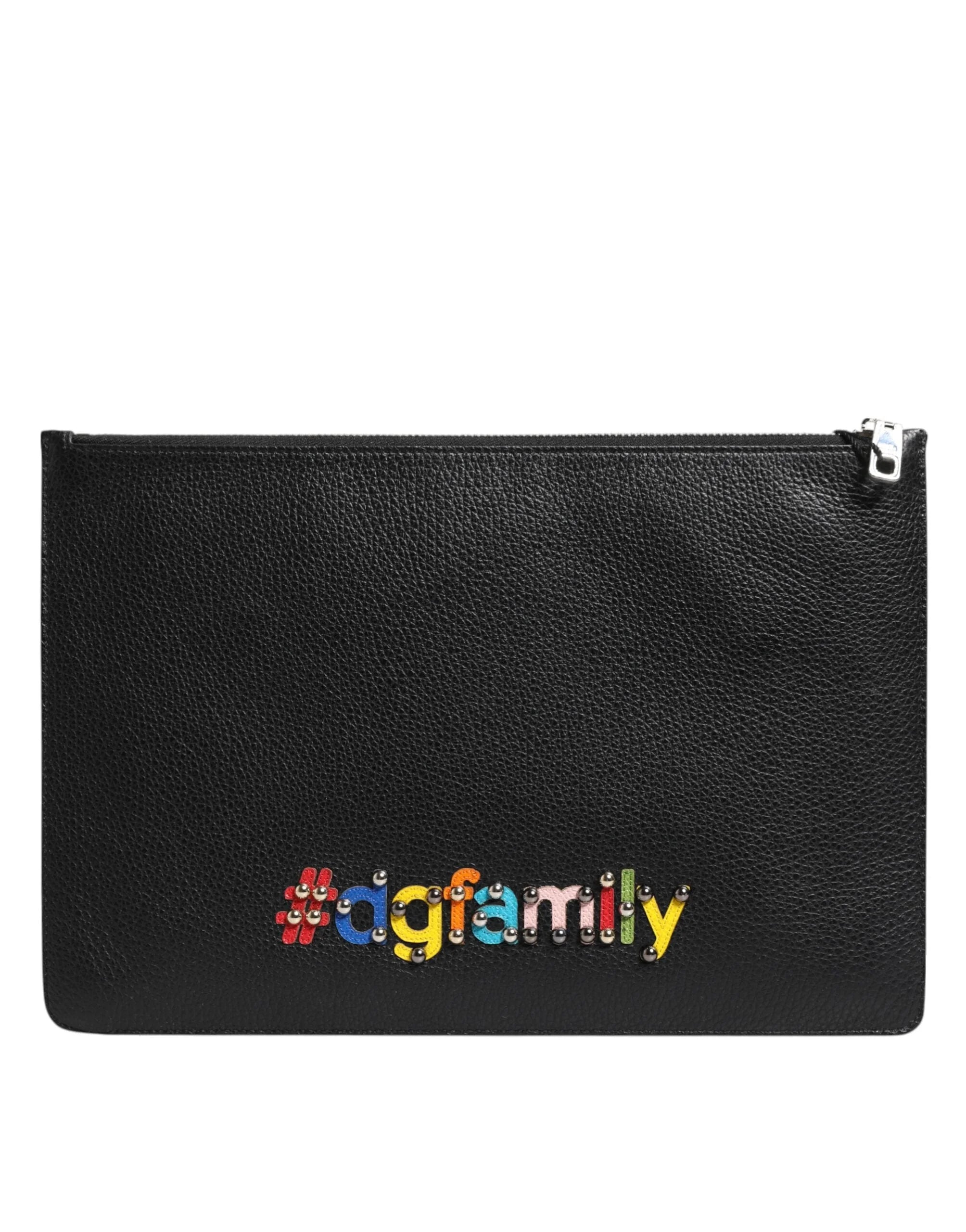 Dolce & Gabbana Black Leather #DGFAMILY Embellished Men Clutch Pouch Bag - Clutch Bags