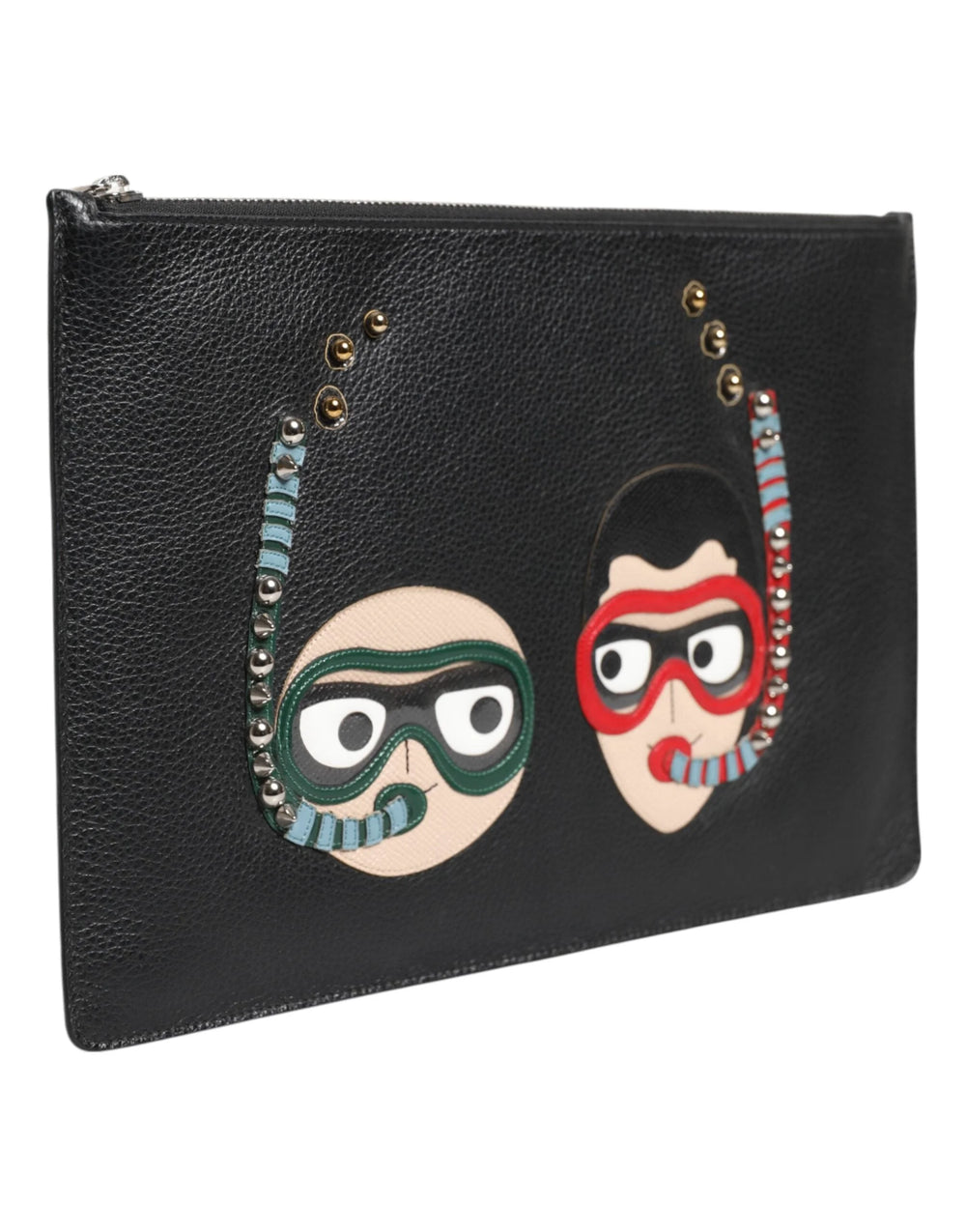 Dolce & Gabbana Black Leather #DGFAMILY Embellished Men Clutch Pouch Bag - Clutch Bags