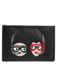 Dolce & Gabbana Black Leather #DGFAMILY Embellished Men Clutch Pouch Bag - Clutch Bags
