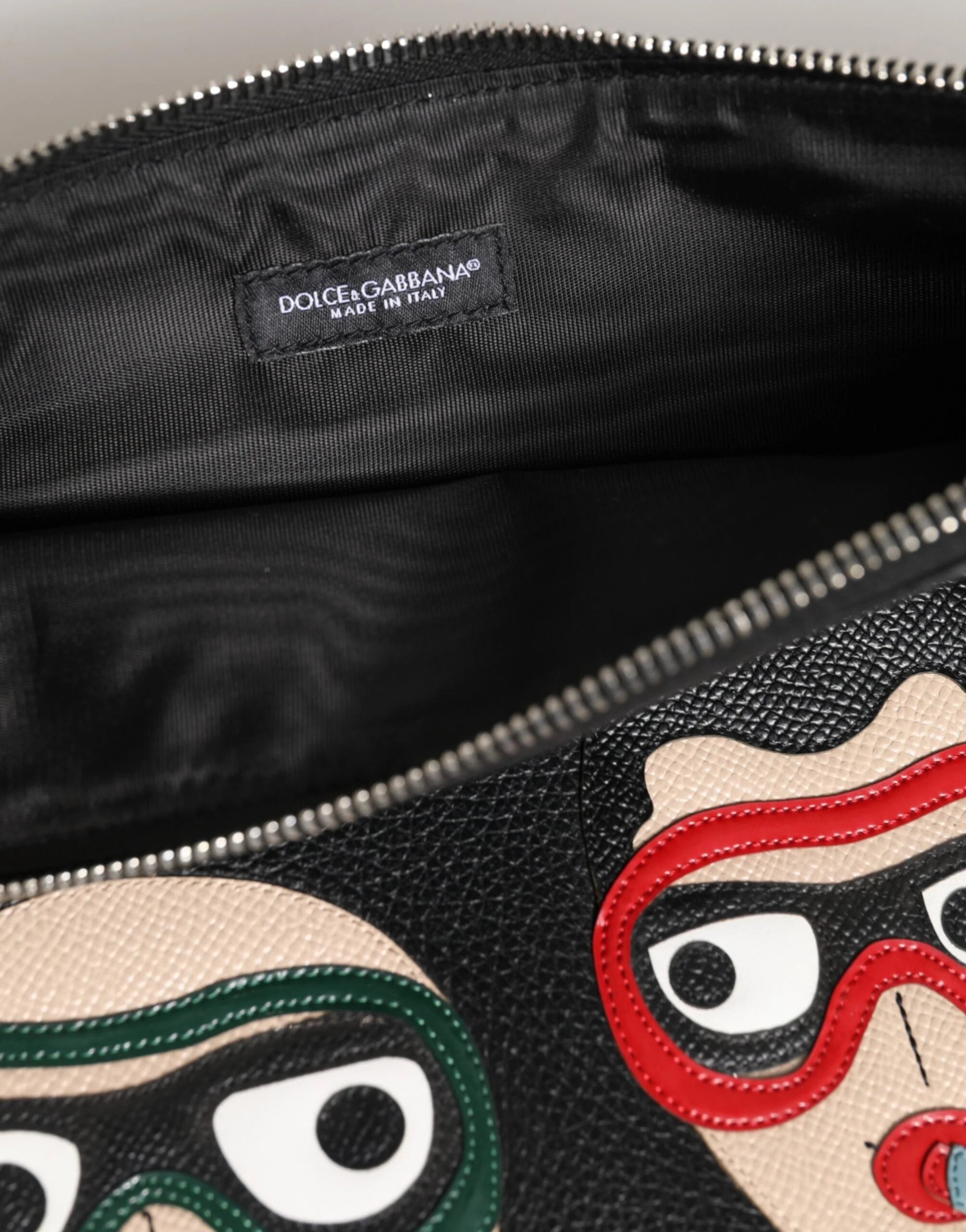 Dolce & Gabbana Black Leather #DGFAMILY Embellished Men Clutch Pouch Bag - Clutch Bags