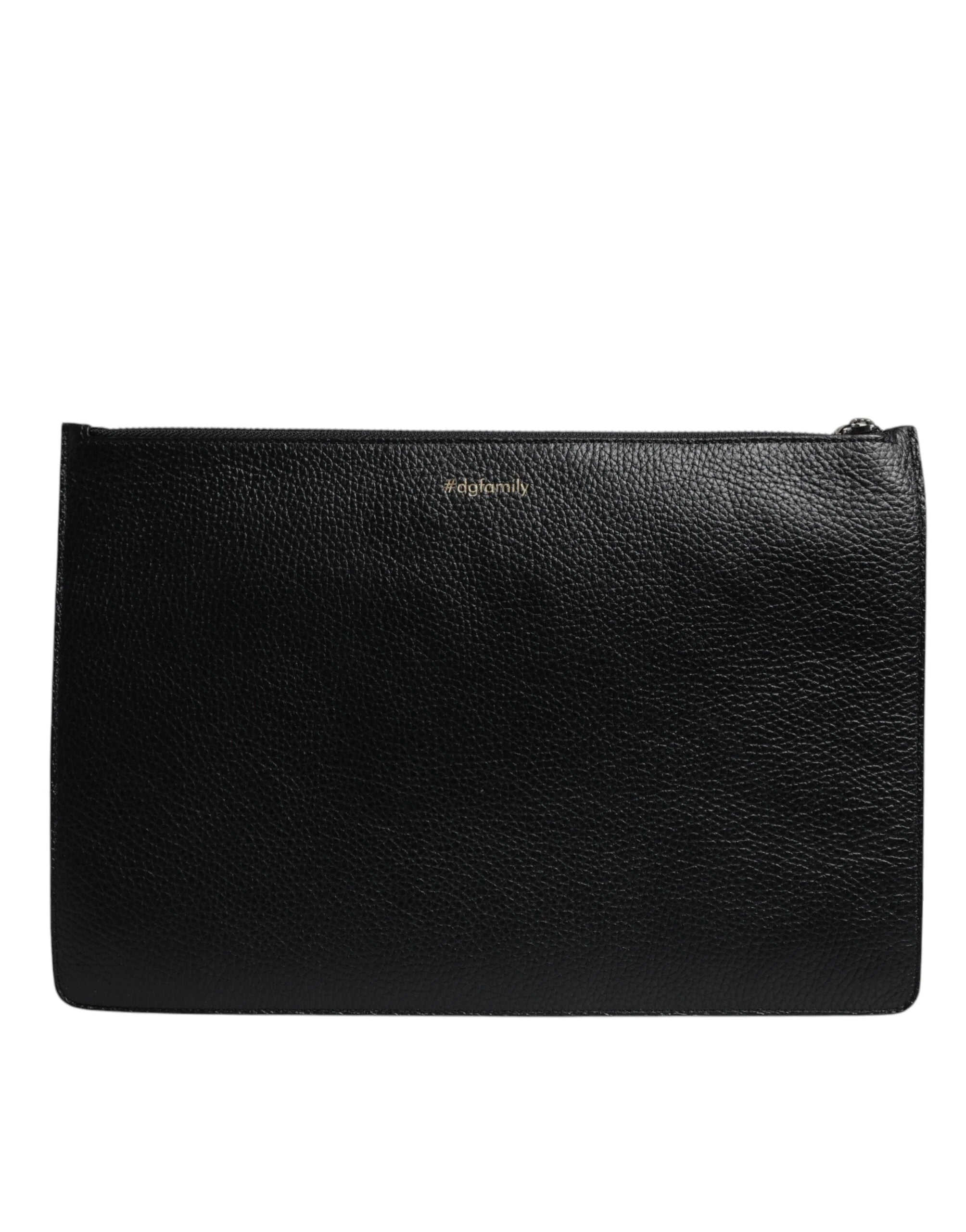 Dolce & Gabbana Black Leather #DGFAMILY Embellished Men Zip Pouch Bag - Clutch Bags