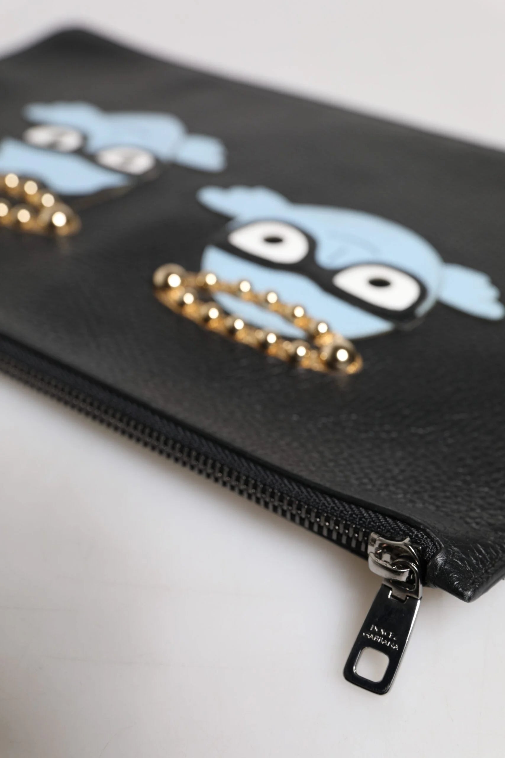 Dolce & Gabbana Black Leather #DGFAMILY Embellished Men Zip Pouch Bag - Clutch Bags