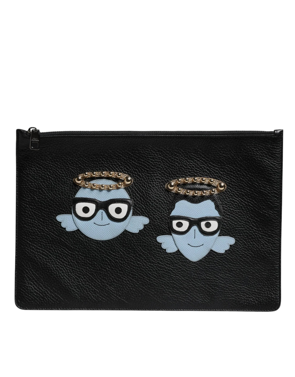 Dolce & Gabbana Black Leather #DGFAMILY Embellished Men Zip Pouch Bag - Clutch Bags