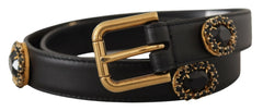 Dolce & Gabbana Black Leather Embellished Crystal Logo Belt - 85 cm / 34 Inches - Belts