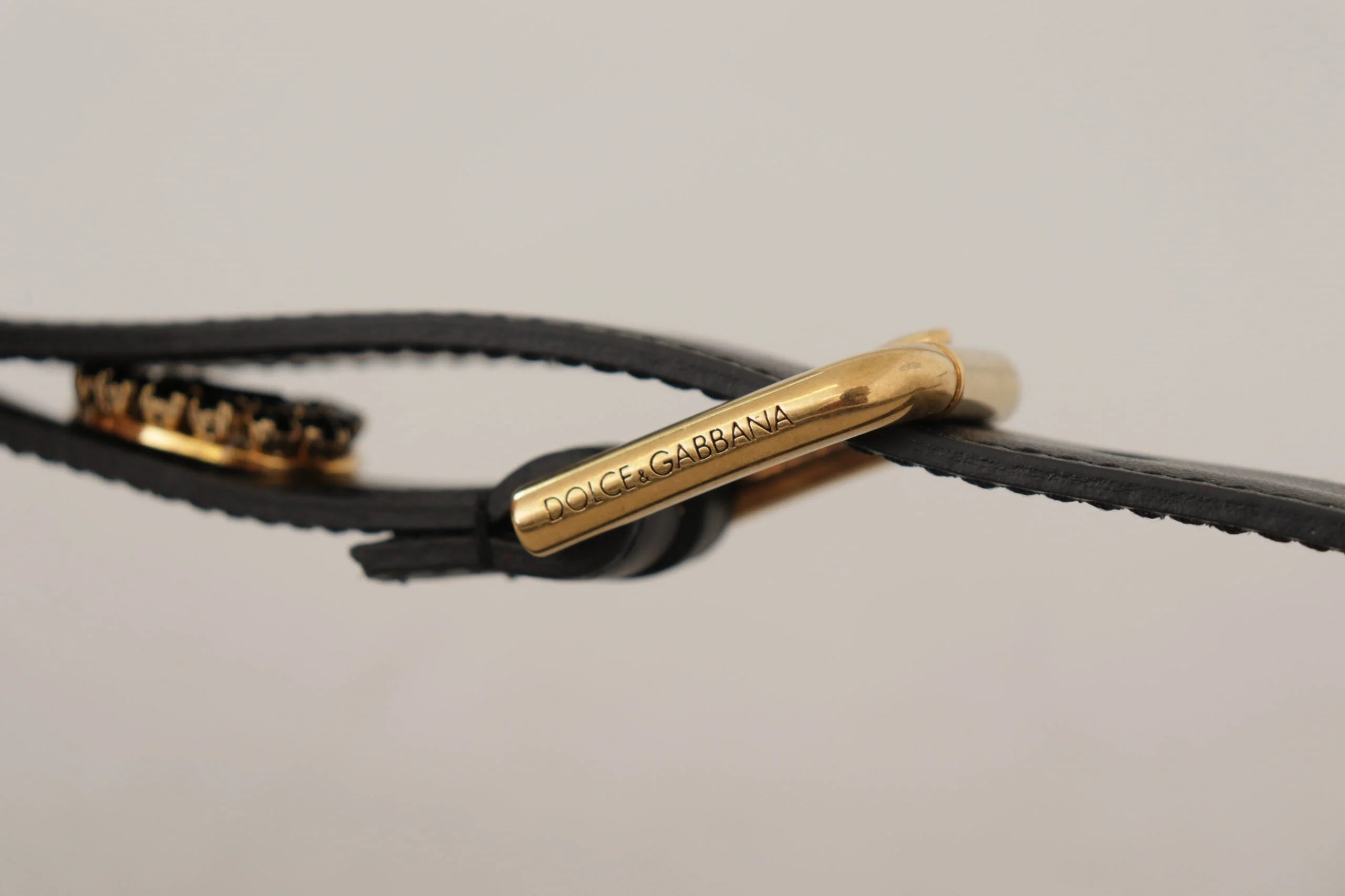 Dolce & Gabbana Black Leather Embellished Crystal Logo Belt - 85 cm / 34 Inches - Belts