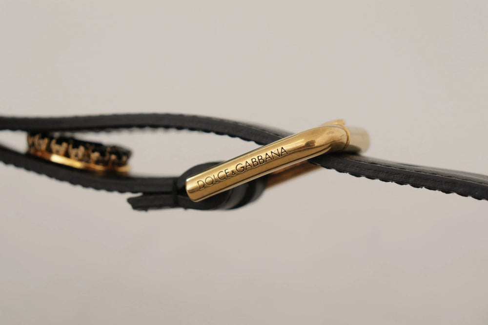 Dolce & Gabbana Black Leather Embellished Crystal Logo Belt - 85 cm / 34 Inches - Belts