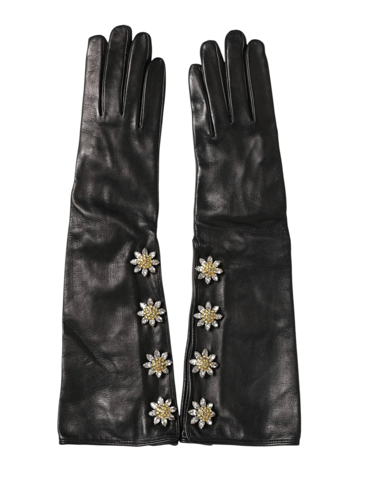 Dolce & Gabbana Black Leather Embellished Long Mitten Gloves - 6.5|XS