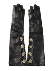 Dolce & Gabbana Black Leather Embellished Long Mitten Gloves - 6.5|XS