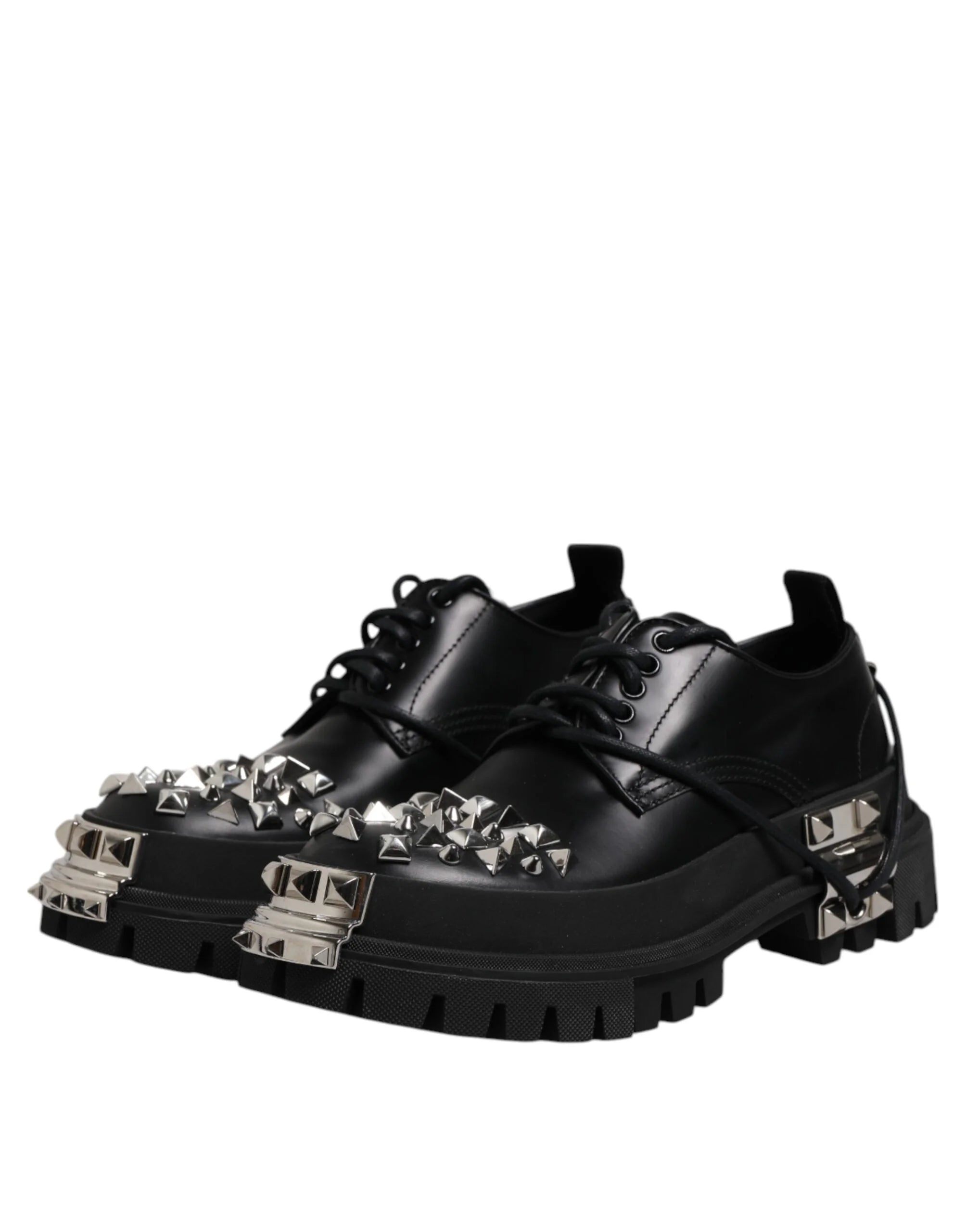 Dolce & Gabbana Black Leather Embellished Trekking Derby Shoes - EU41/US8 - Shoes