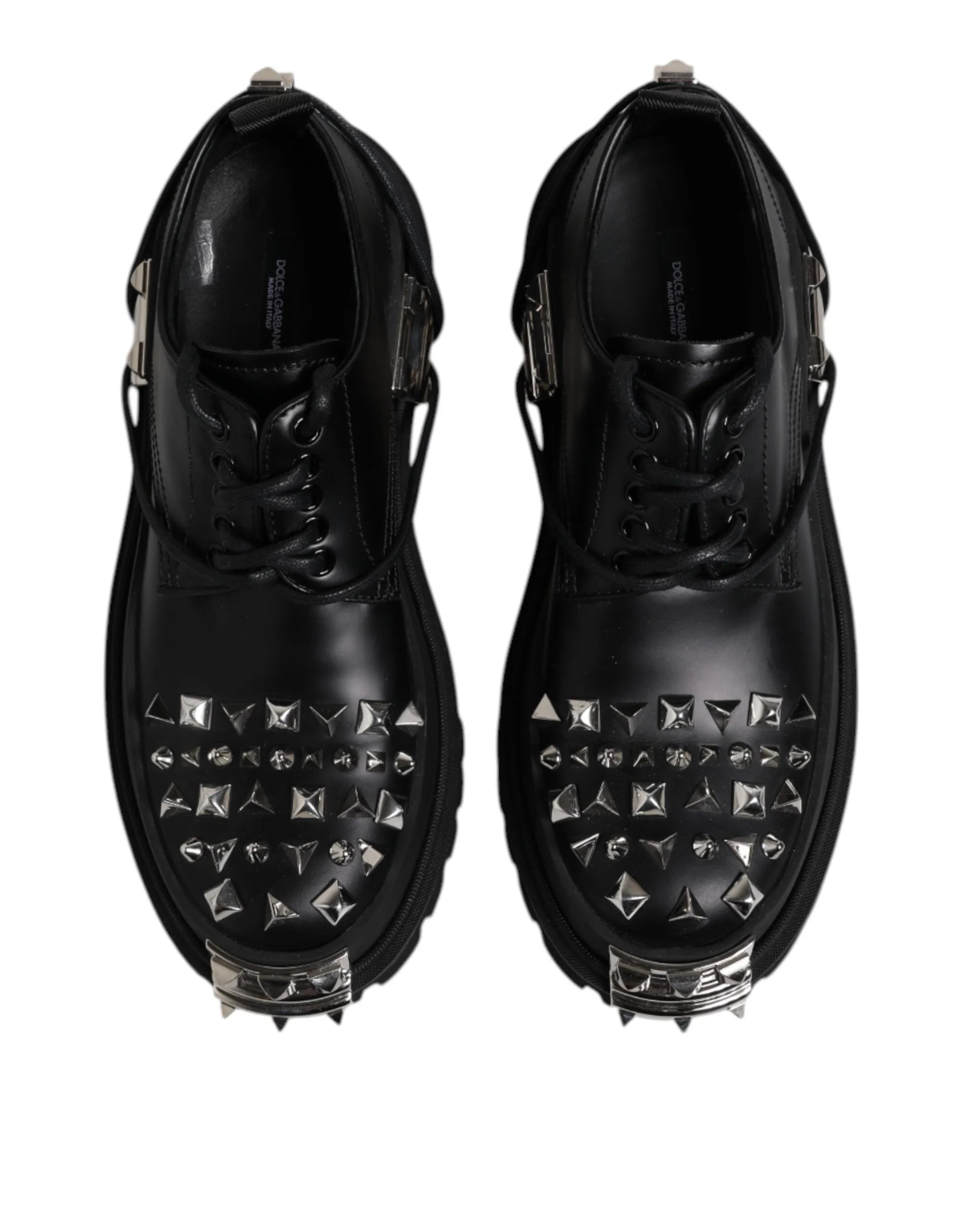 Dolce & Gabbana Black Leather Embellished Trekking Derby Shoes - EU41/US8 - Shoes