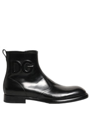 Dolce & Gabbana Black Leather Embossed Logo Ankle Boots Shoes - EU44/US11