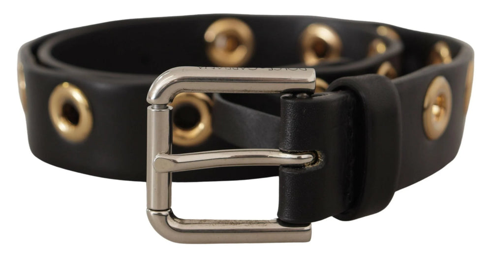 Dolce & Gabbana Black Leather Eyelet Silver Tone Metal Buckle Belt - 70 cm / 28 Inches - Belts