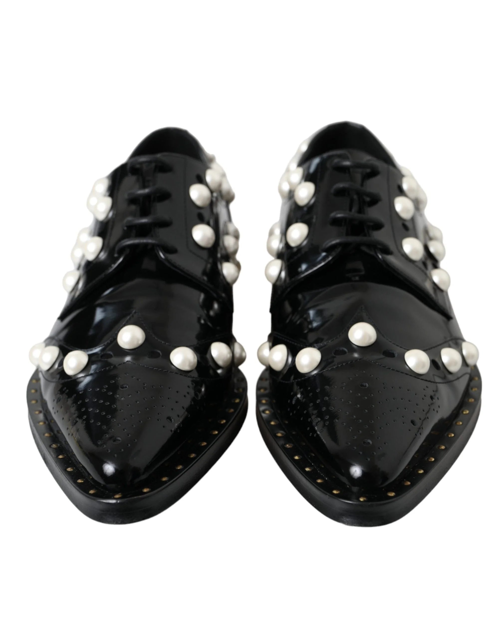 Dolce & Gabbana Černé kožené brogues s imitací perel - EU38/US7.5