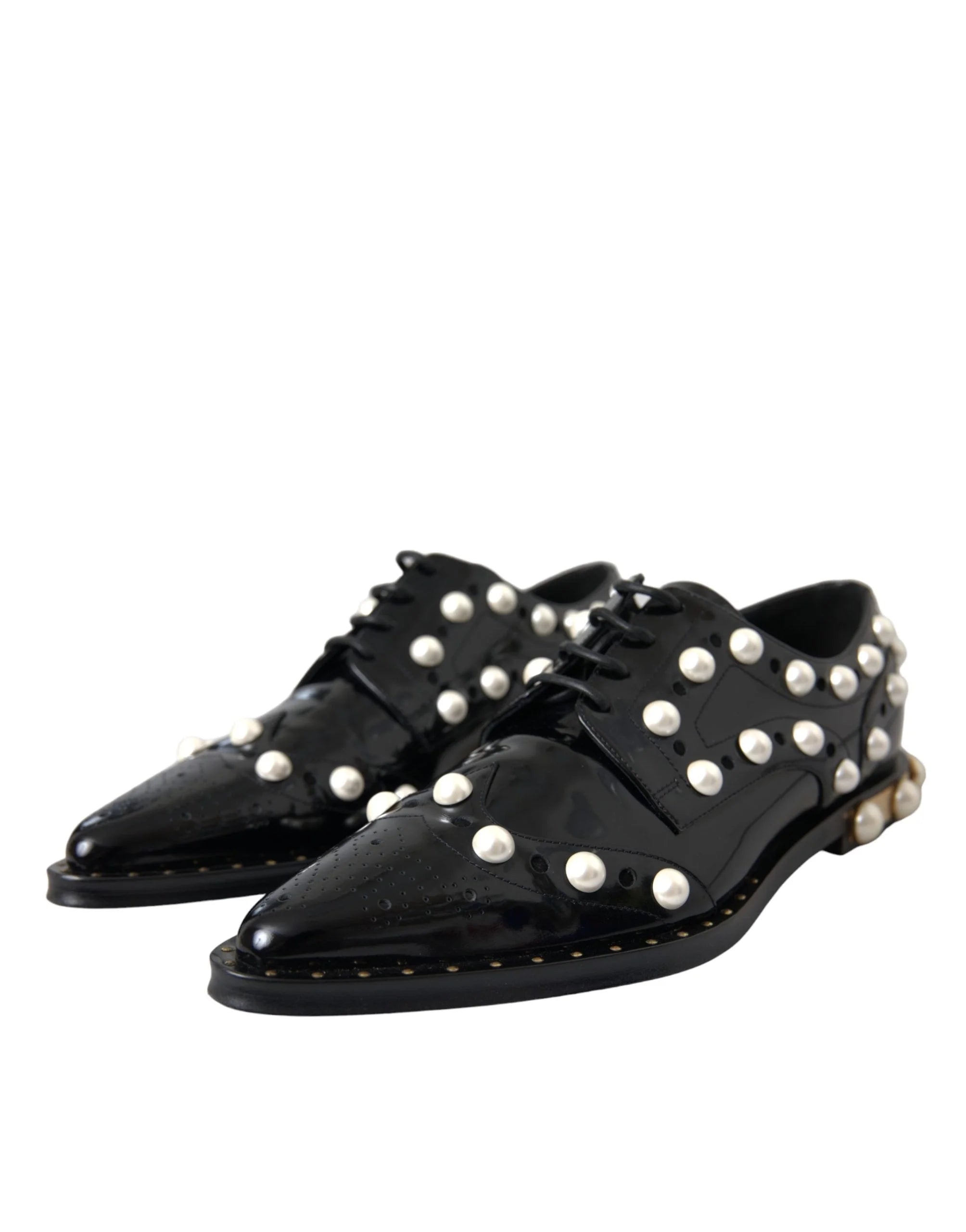Dolce & Gabbana Černé kožené brogues s imitací perel - EU38/US7.5
