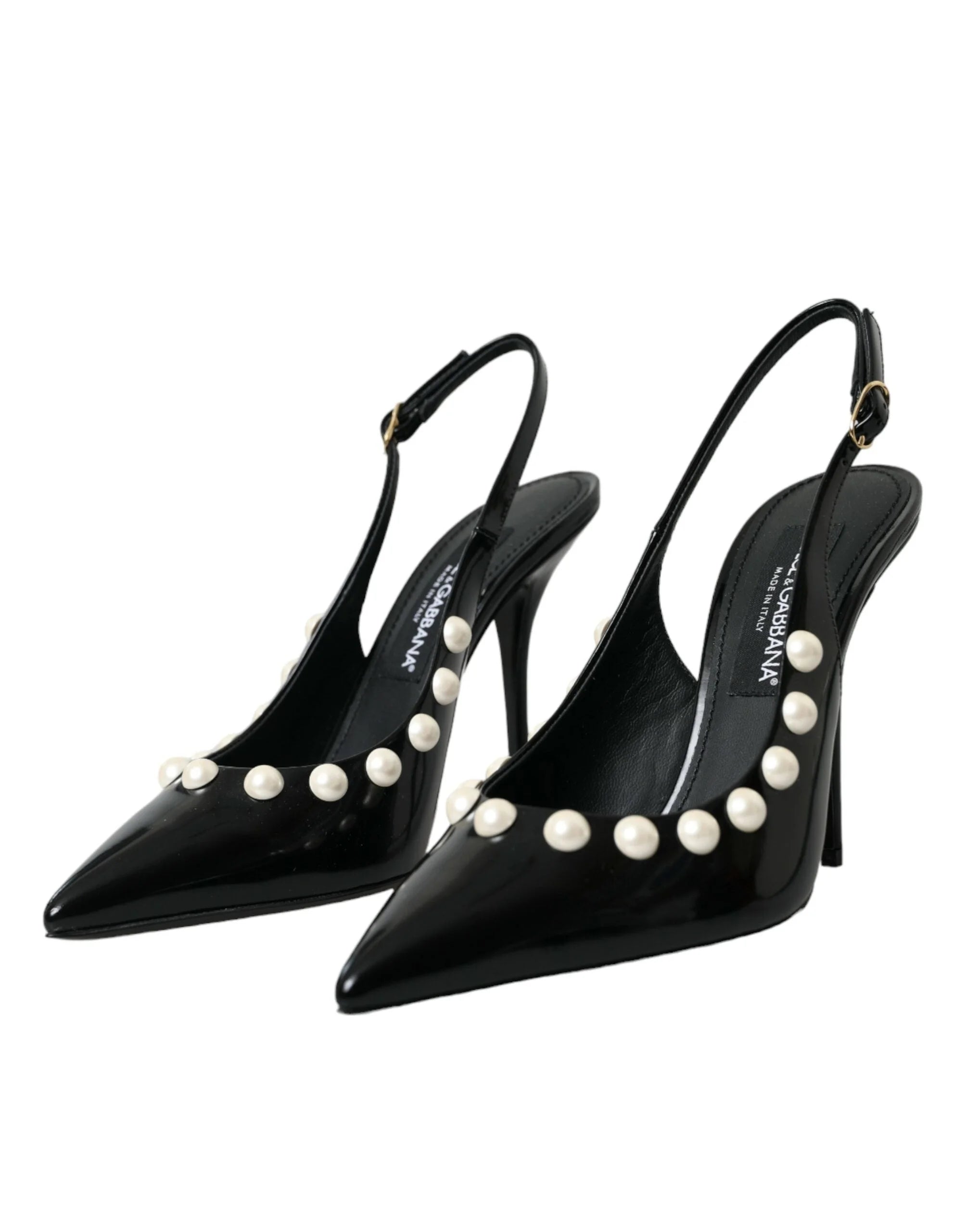 Dolce & Gabbana Black Leather Faux Pearl Heel Slingback Shoes - EU40/US9.5 - Heels