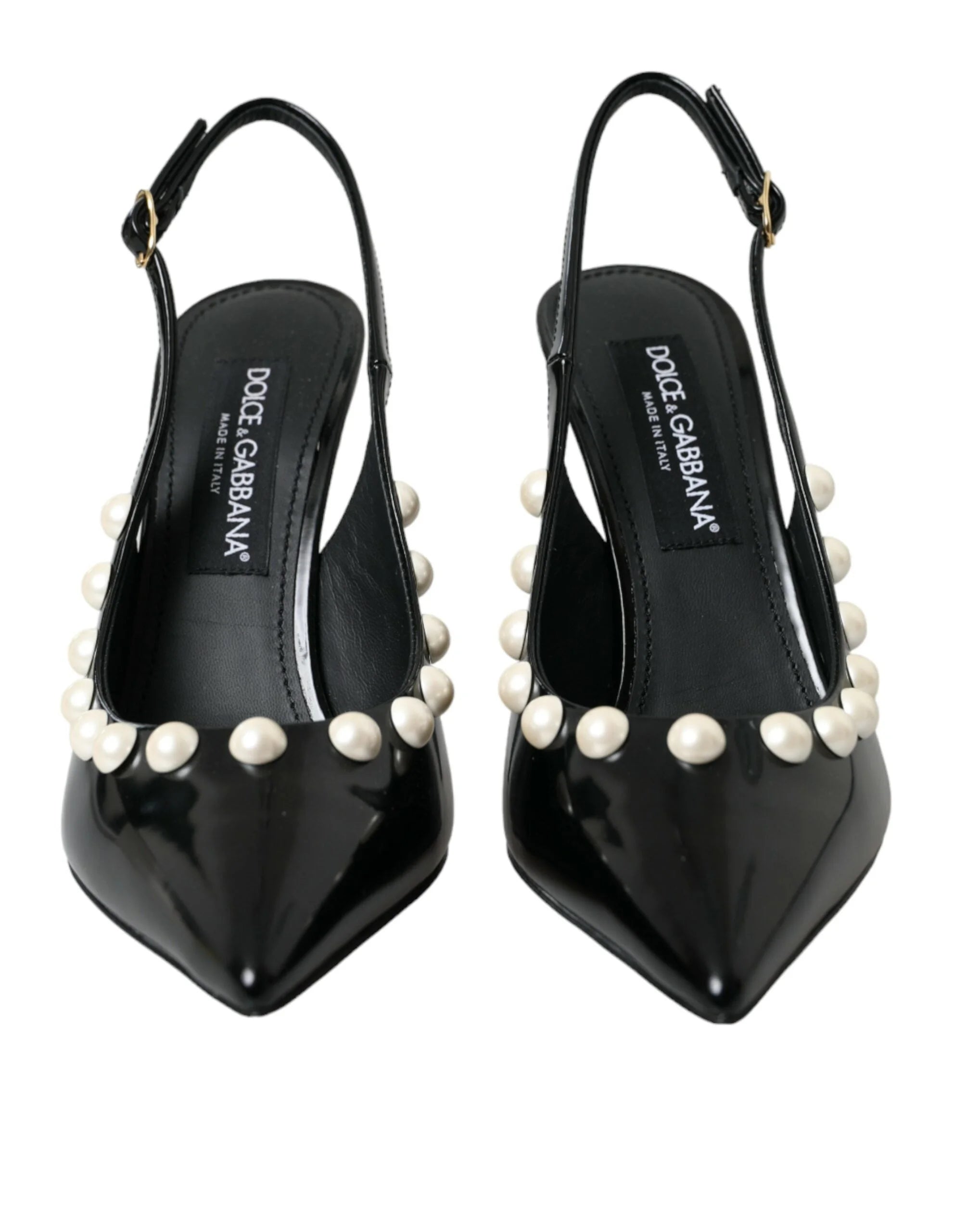 Dolce & Gabbana Black Leather Faux Pearl Heel Slingback Shoes - EU40/US9.5 - Heels