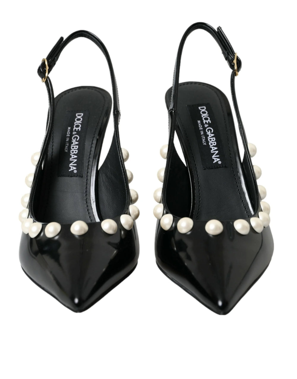 Dolce & Gabbana Black Leather Faux Pearl Heel Slingback Shoes - EU40/US9.5 - Heels