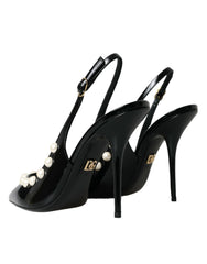Dolce & Gabbana Black Leather Faux Pearl Heel Slingback Shoes - EU40/US9.5 - Heels
