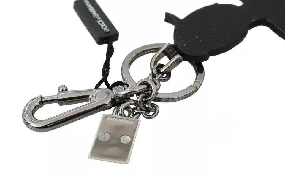 Dolce & Gabbana Black Leather Fisherman Logo Badge Keyring Keychain - Keychains