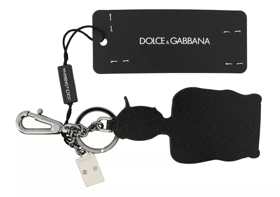 Dolce & Gabbana Black Leather Fisherman Logo Badge Keyring Keychain - Keychains