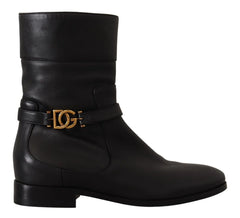 Dolce & Gabbana Black Leather Flats Logo Short Boots Shoes - EU36/US5.5