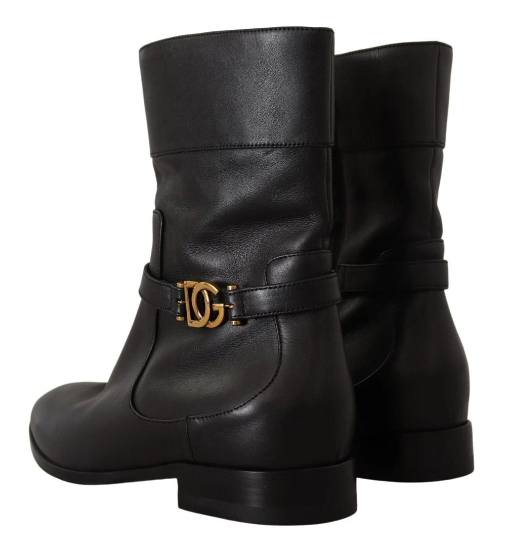 Dolce & Gabbana Black Leather Flats Logo Short Boots Shoes - EU36/US5.5