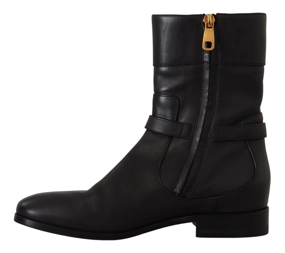Dolce & Gabbana Black Leather Flats Logo Short Boots Shoes - EU36/US5.5