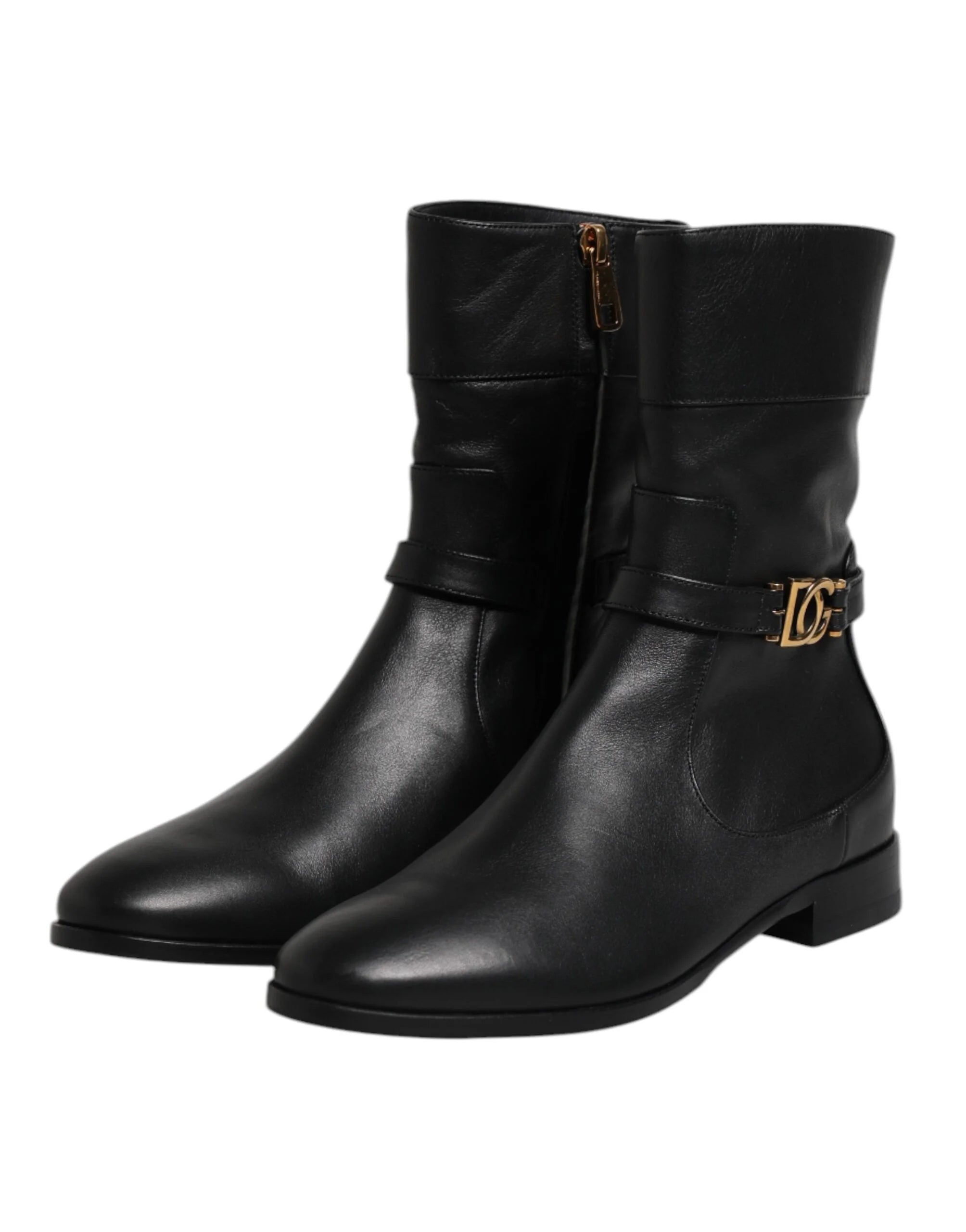 Dolce & Gabbana Black Leather Flats Logo Short Boots Shoes - EU37.5/US7 - Boots
