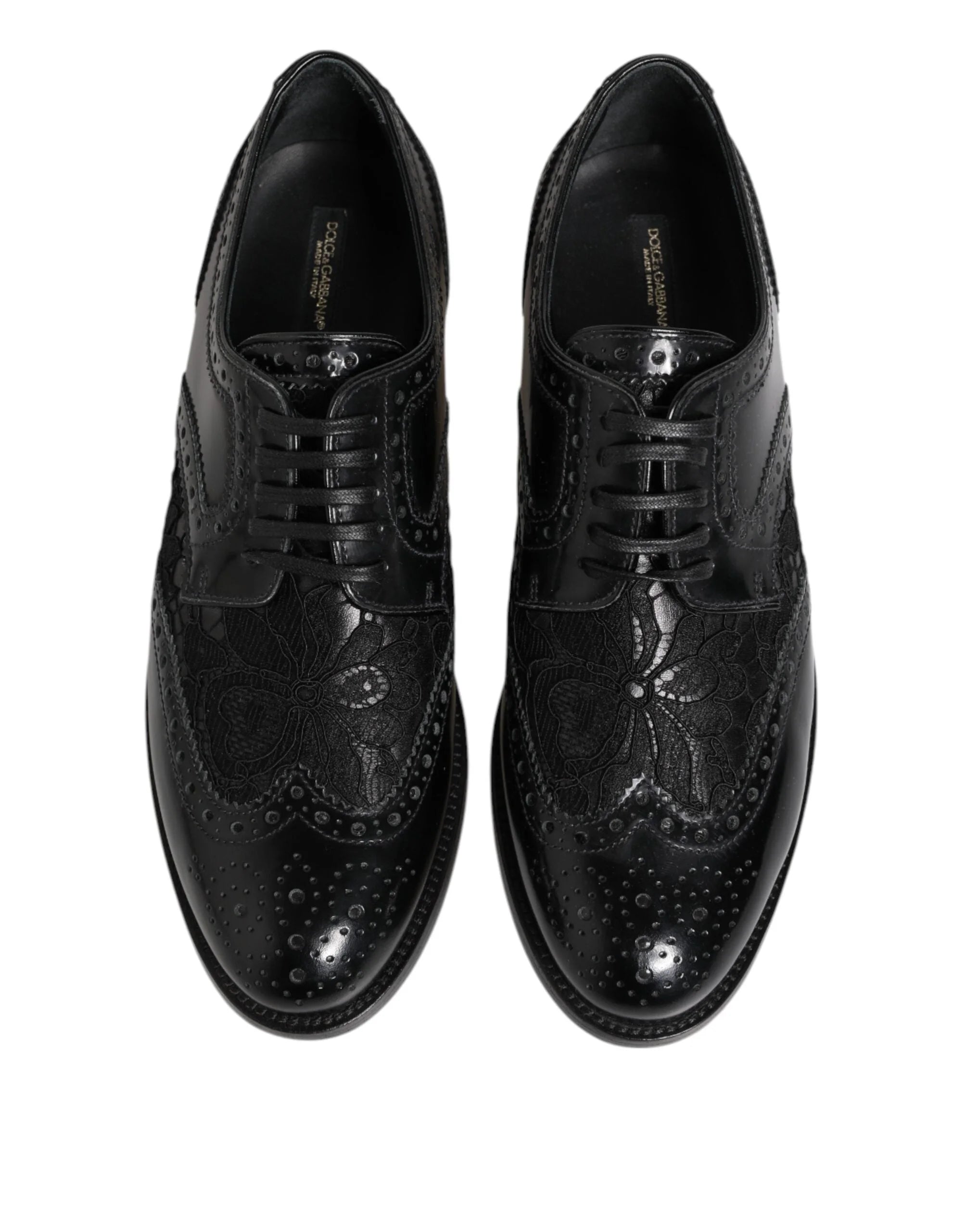 Dolce & Gabbana Black Leather Floral Lace Dress Formal Shoes - Shoes