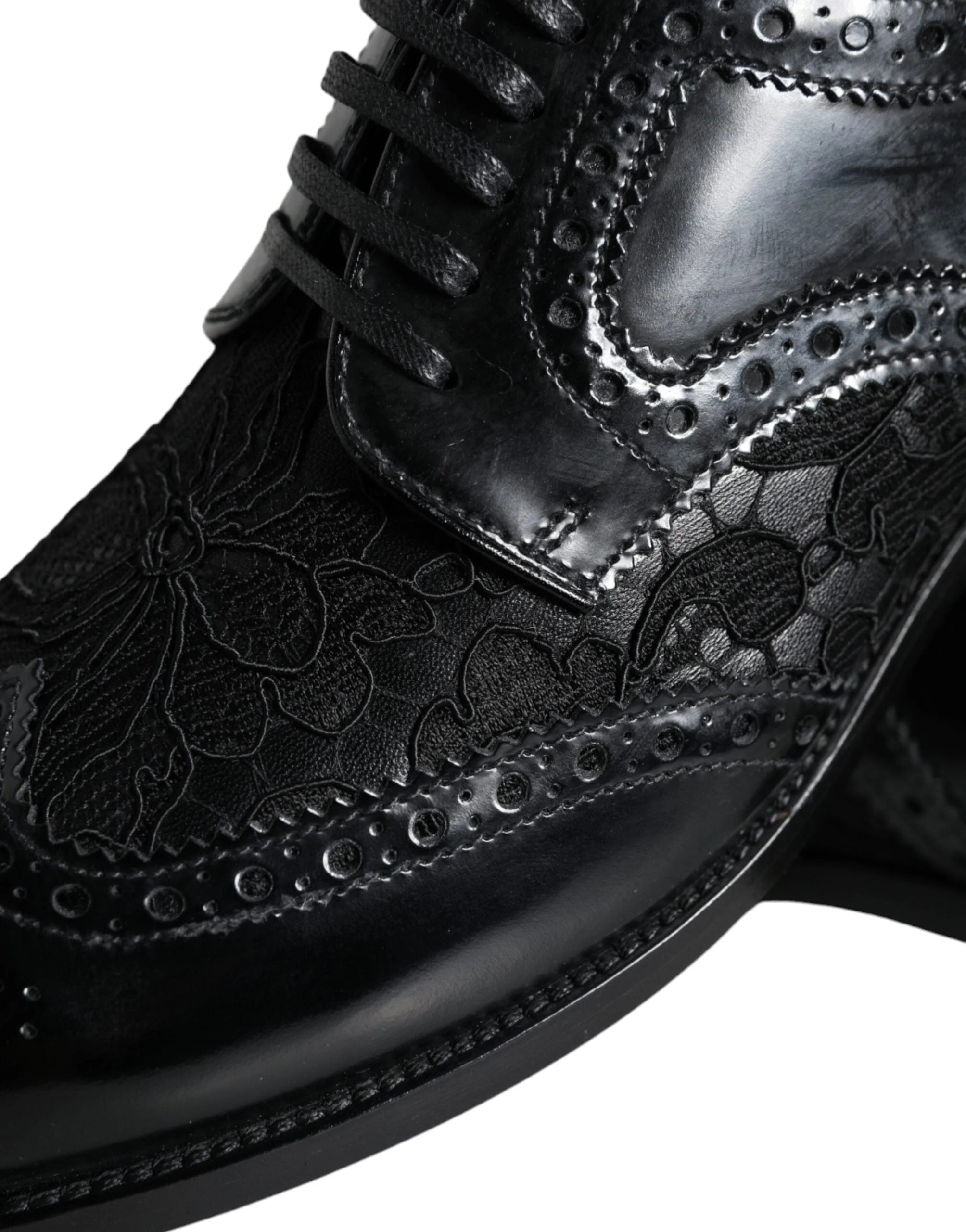 Dolce & Gabbana Black Leather Floral Lace Dress Formal Shoes - Flats