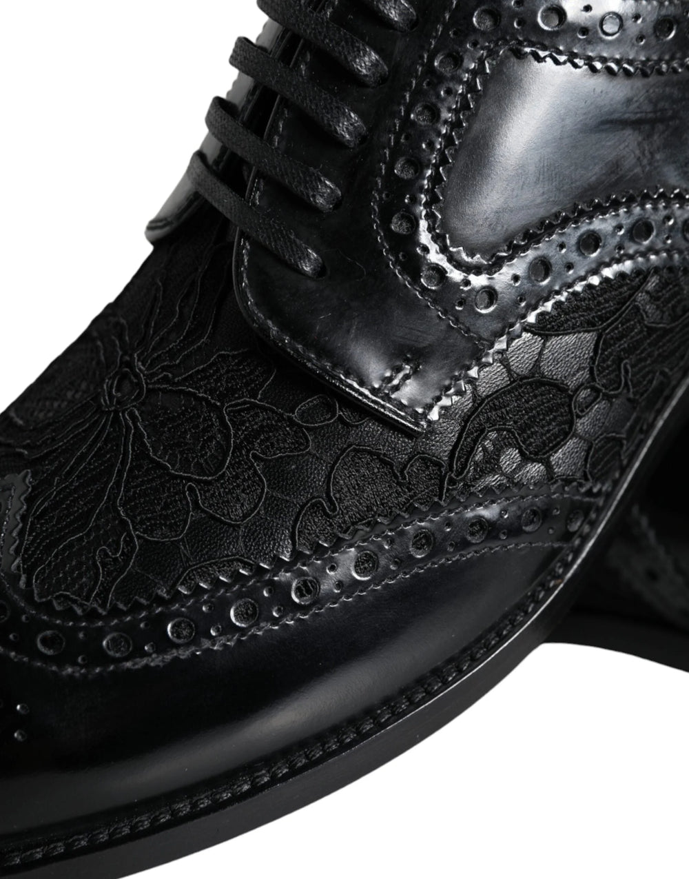 Dolce & Gabbana Black Leather Floral Lace Dress Formal Shoes - Flats